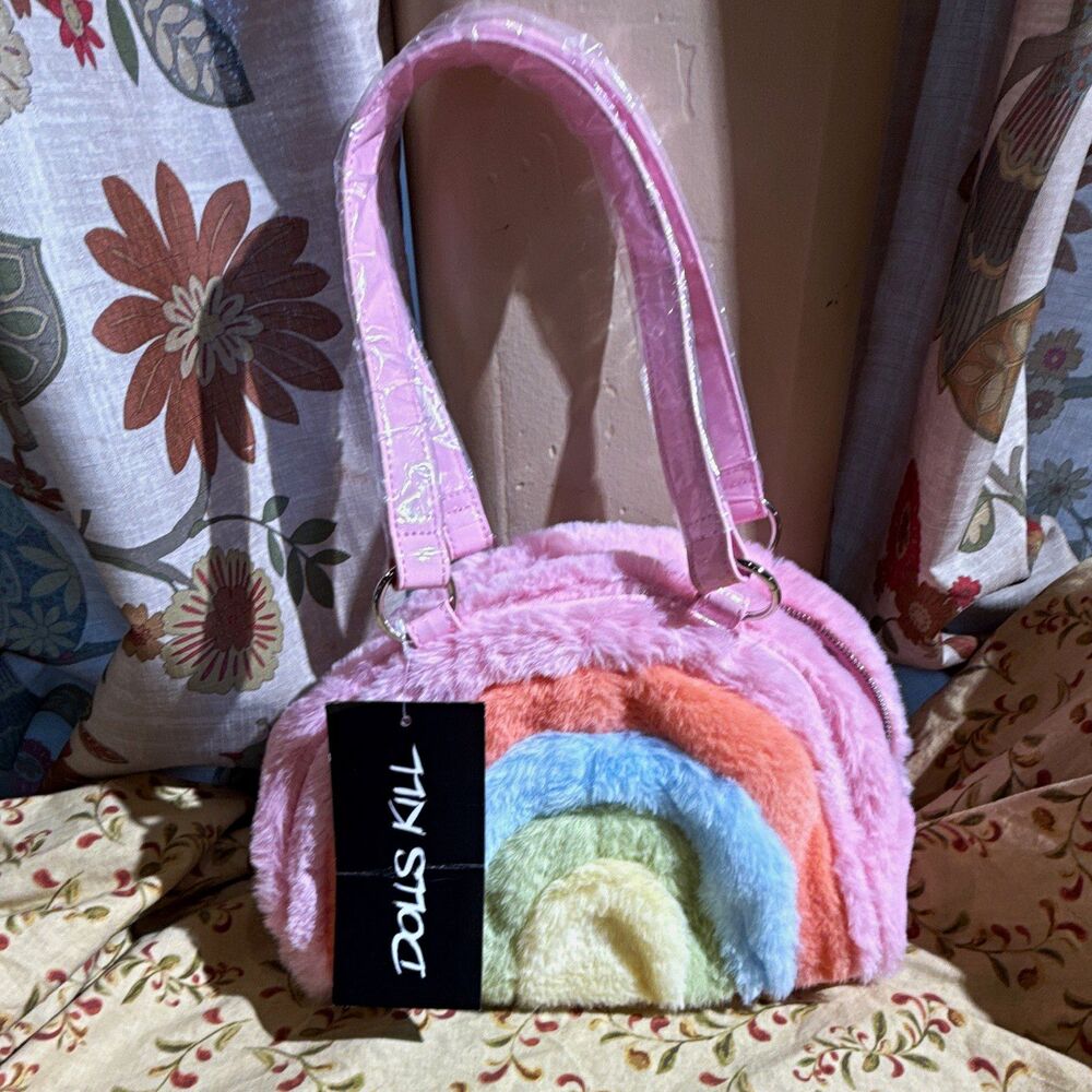 Dolls Kill Pink Rainbow Half Moon Shoulder Bag Zip Closure Adjustable Strap